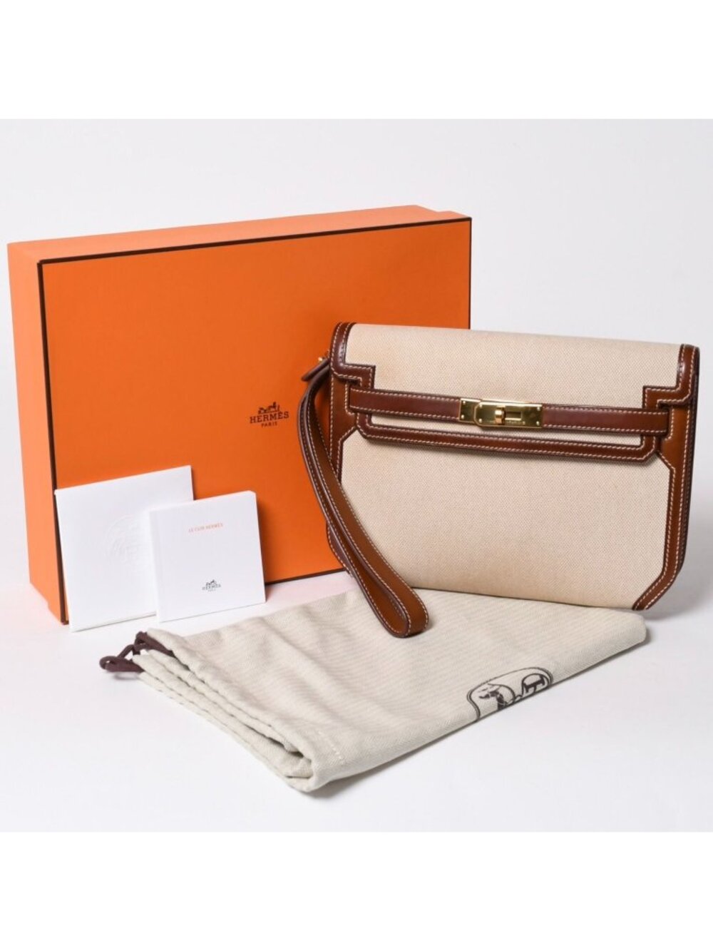 Hermes Kelly Depeches 25 Clutch Beige Brown Toile H Barenia Time
